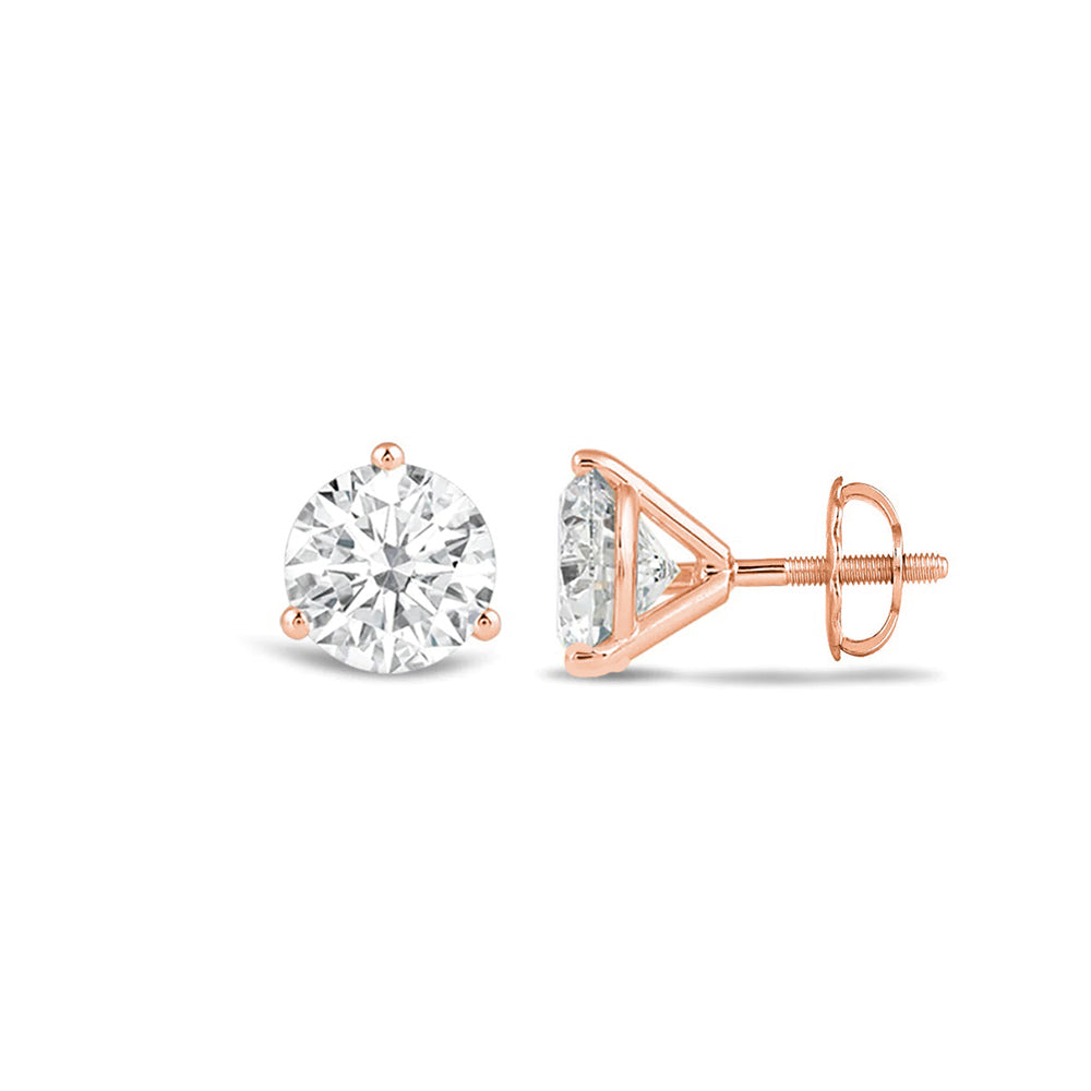 Classic Round Brilliant Cut Diamond Three Prong Martini Stud Earrings with 18KT Rose Gold / Lab / 1/2 Cut Diamond in 14KT Rose Gold / Lab / 1/2 view 4
