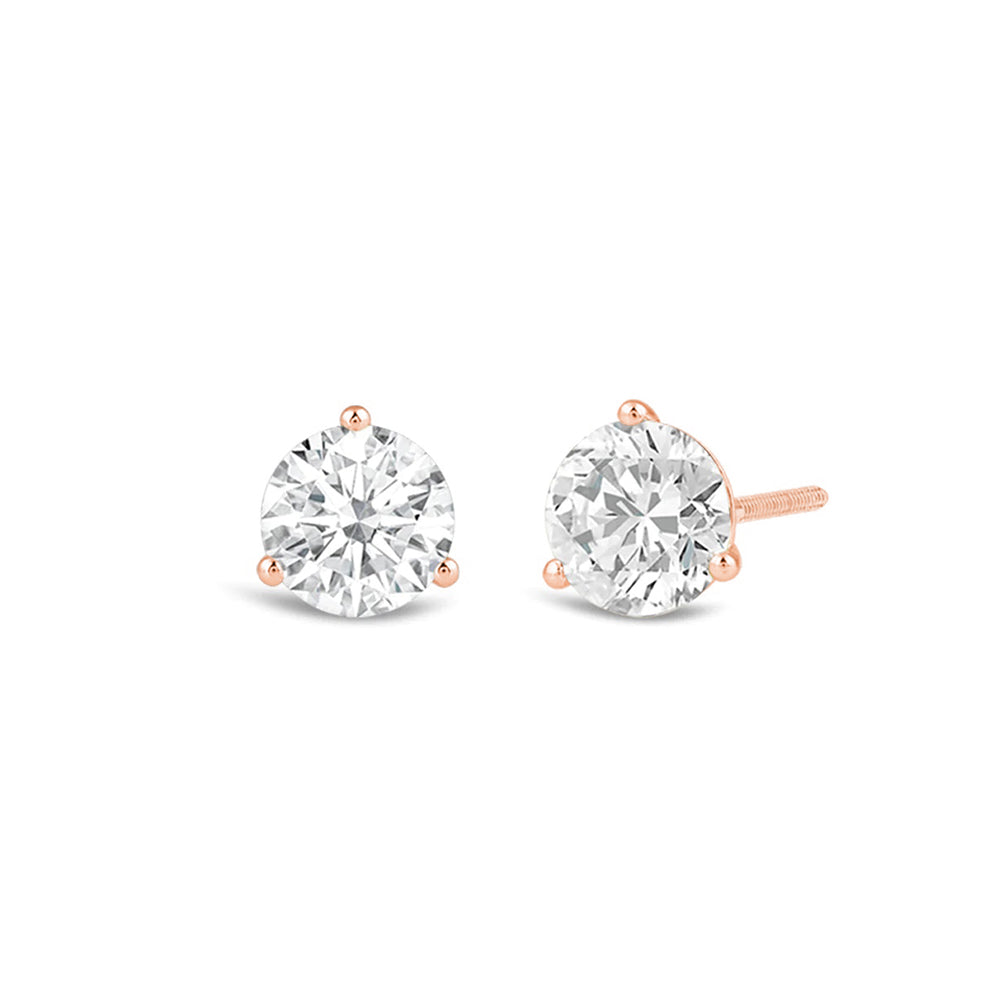 Classic Round Brilliant Cut Diamond Three Prong Martini Stud Earrings with 18KT Rose Gold / Lab / 1/2 Cut Diamond in 14KT Rose Gold / Lab / 1/2 view 1
