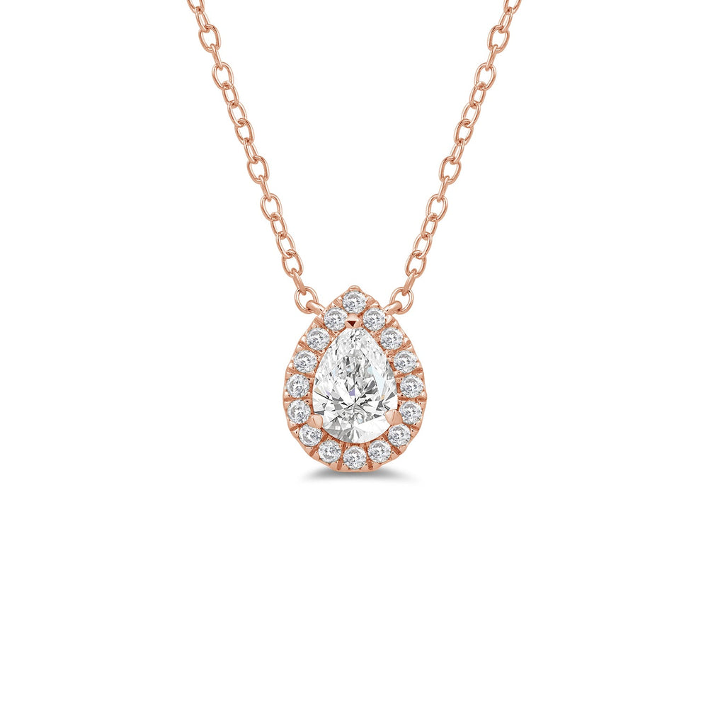 Halo Pear Lab Created Diamond Necklace with 18KT Rose Gold / Lab / 3/4 Cut Diamond in 14KT Rose Gold / Lab / 3/4 view 4

