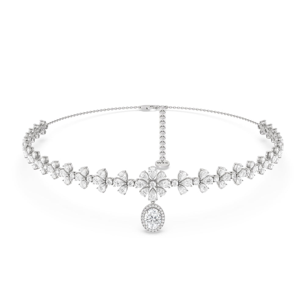 Classic Oval Halo Dangle Choker Necklace with 18KT White Gold / Lab / 19 Cut Diamond in 14KT White Gold / Lab / 19 view 1
