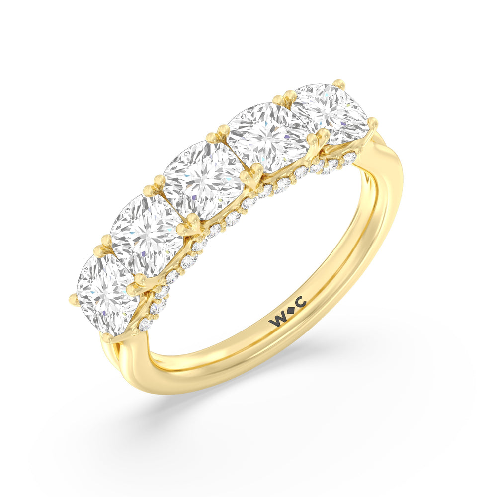 Elegance Hidden Halo Cushion Five Stone Anniversary Ring with 18KT Yellow Gold / Lab / 3 Cut Diamond in 14KT Yellow Gold / Lab / 3 view 5
