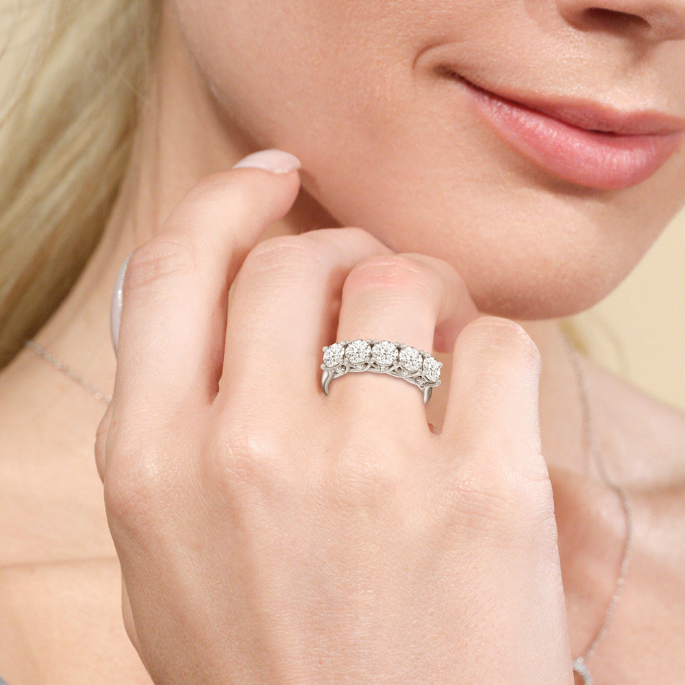 Elegance Hidden Accent Trellis Round Five Stone Anniversary Ring with 18KT White Gold / Lab / 3 Cut Diamond in 14KT White Gold / Lab / 3 view 2
