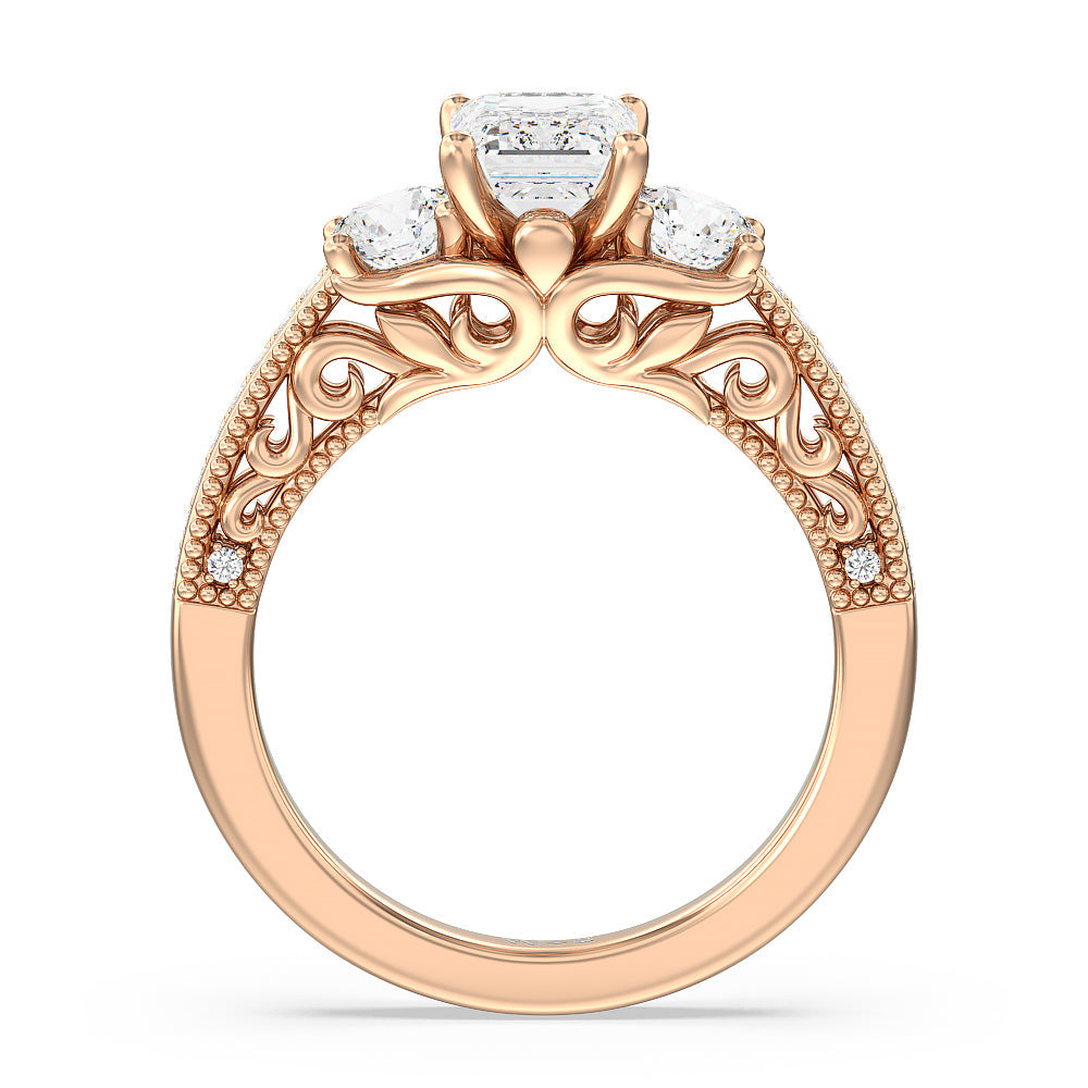 Emerald Cut Vintage Grapevine Scroll 3 Stone Diamond Engagement Ring with Lab Grown Diamond in 14KT Rose Gold view 2

