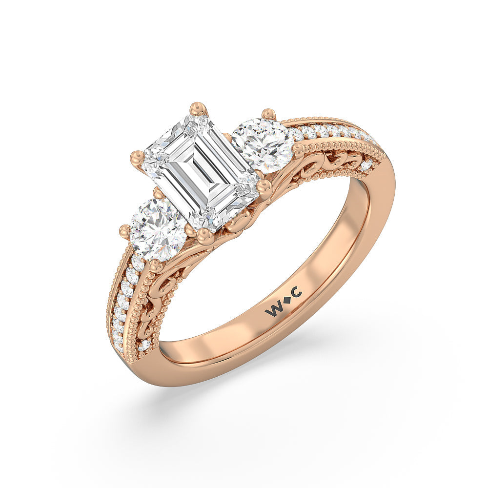 Emerald Cut Vintage Grapevine Scroll 3 Stone Diamond Engagement Ring with Lab Grown Diamond in 14KT Rose Gold view 3
