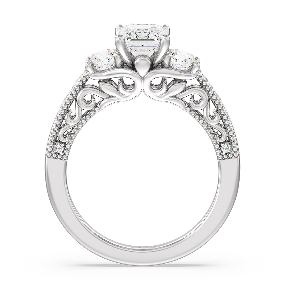 Emerald Cut Vintage Grapevine Scroll 3 Stone Diamond Engagement Ring with Lab Grown Diamond in 14KT Platinum view 2
