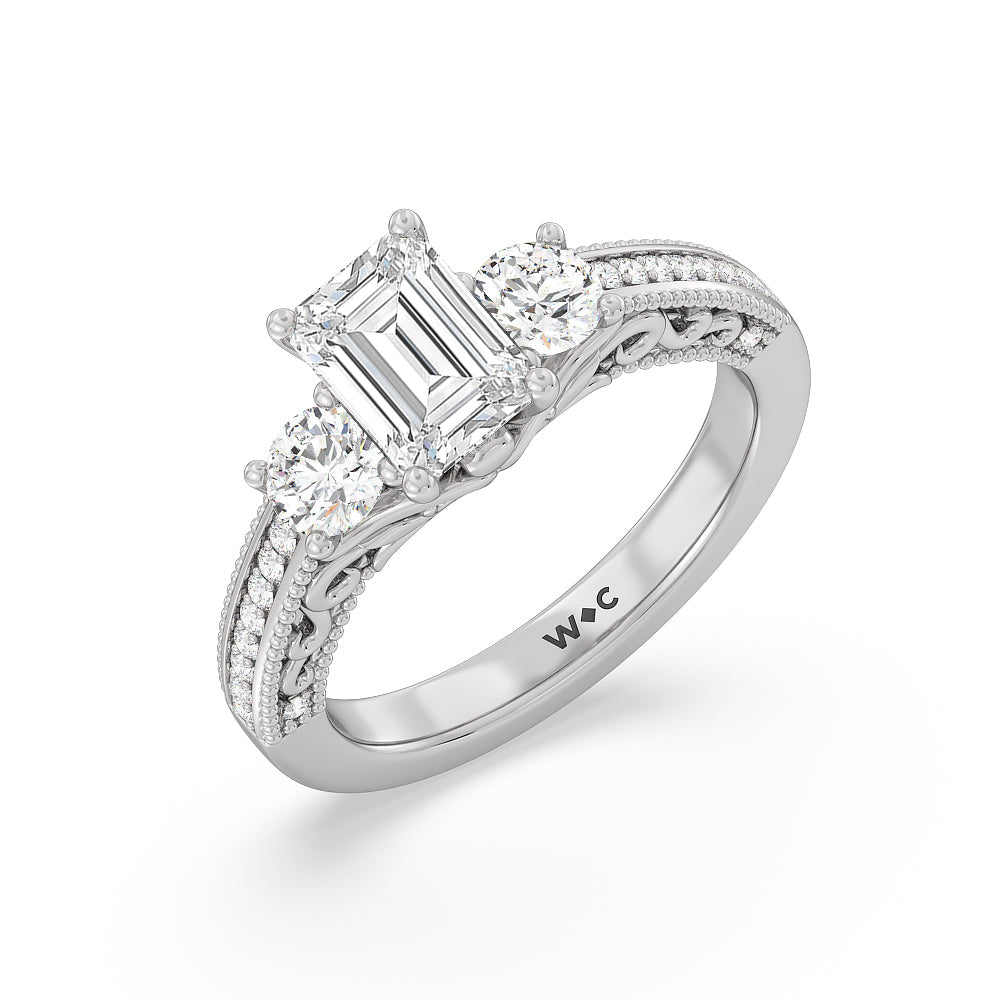 Emerald Cut Vintage Grapevine Scroll 3 Stone Diamond Engagement Ring with Lab Grown Diamond in 14KT Platinum view 3
