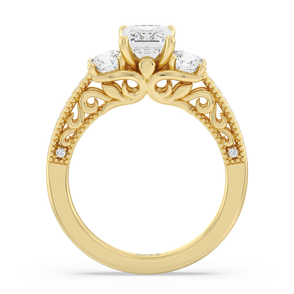 Emerald Cut Vintage Grapevine Scroll 3 Stone Diamond Engagement Ring with Lab Grown Diamond in 14KT Yellow Gold view 2
