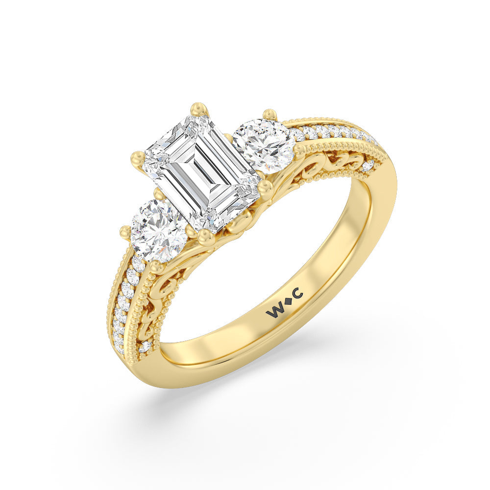 Emerald Cut Vintage Grapevine Scroll 3 Stone Diamond Engagement Ring with Lab Grown Diamond in 14KT Yellow Gold view 3
