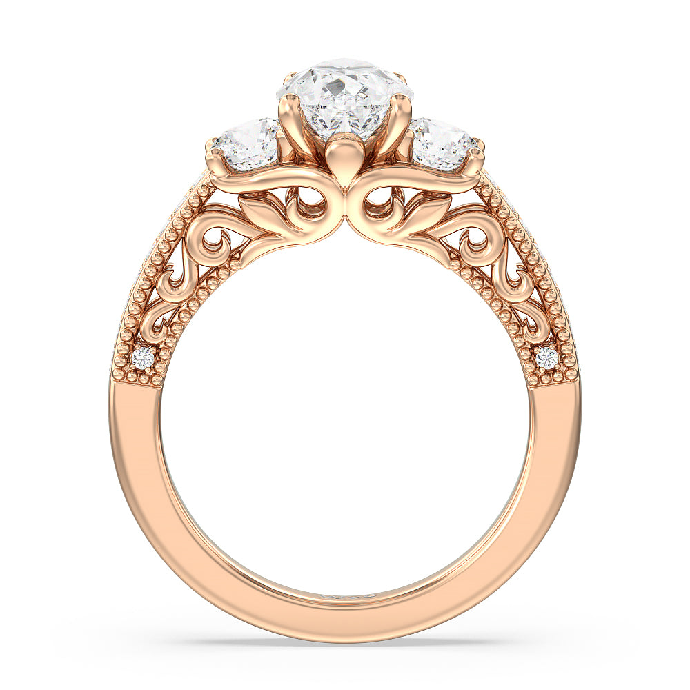 Pear Cut Vintage Grapevine Scroll 3 Stone Diamond Engagement Ring with Lab Grown Diamond in 14KT Rose Gold view 2
