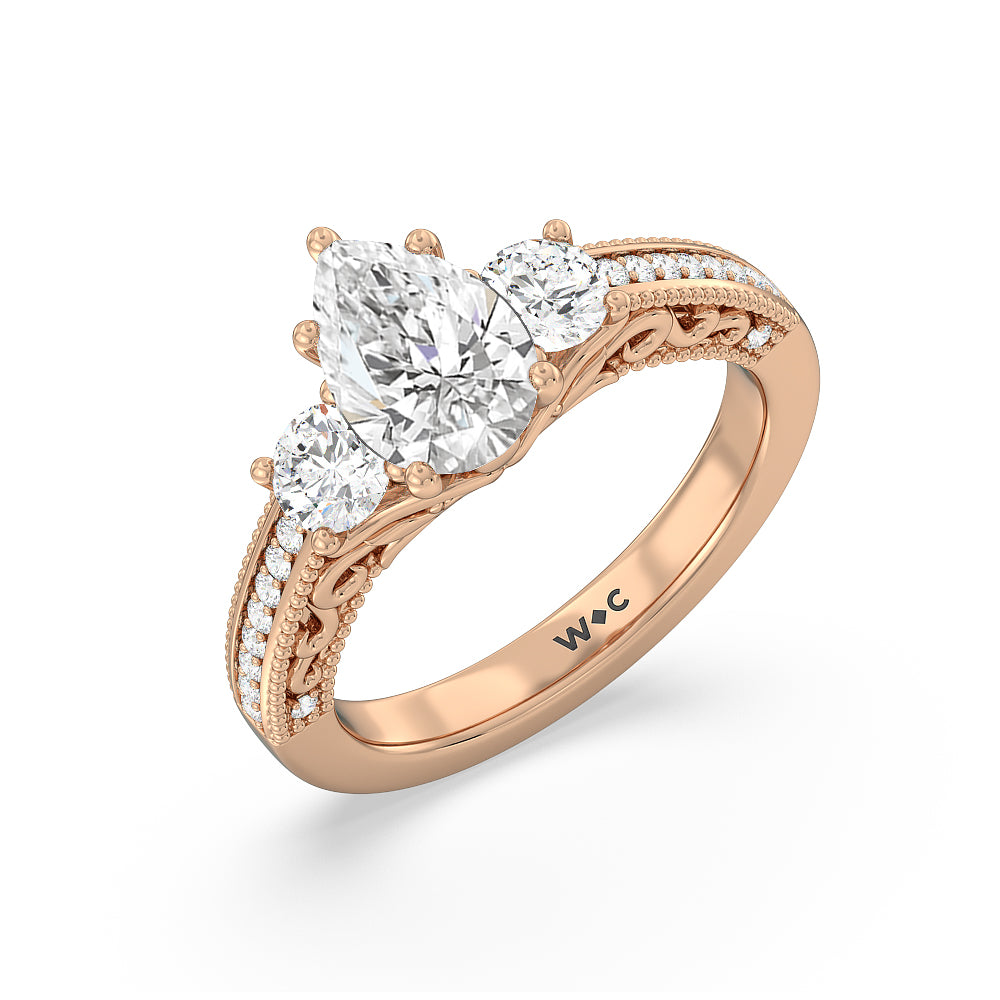 Pear Cut Vintage Grapevine Scroll 3 Stone Diamond Engagement Ring with Lab Grown Diamond in 14KT Rose Gold view 3
