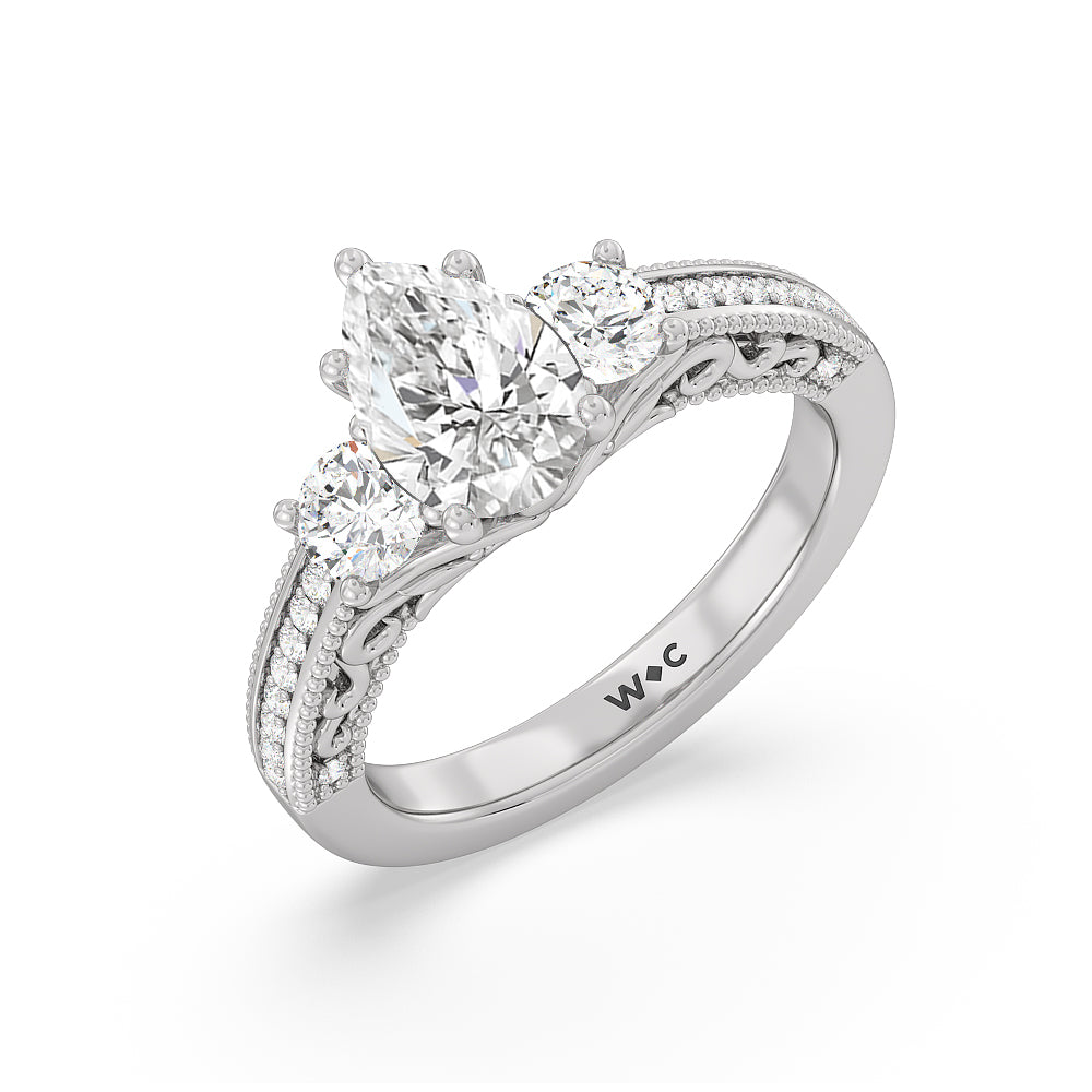 Pear Cut Vintage Grapevine Scroll 3 Stone Diamond Engagement Ring with Lab Grown Diamond in 14KT Platinum view 3
