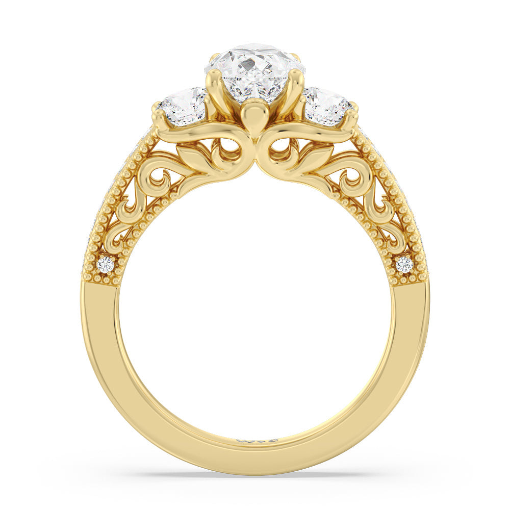 Pear Cut Vintage Grapevine Scroll 3 Stone Diamond Engagement Ring with Lab Grown Diamond in 14KT Yellow Gold view 2
