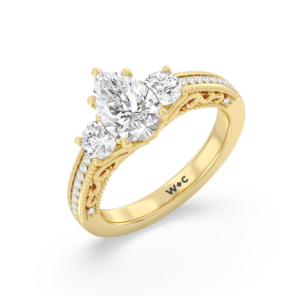 Pear Cut Vintage Grapevine Scroll 3 Stone Diamond Engagement Ring with Lab Grown Diamond in 14KT Yellow Gold view 3
