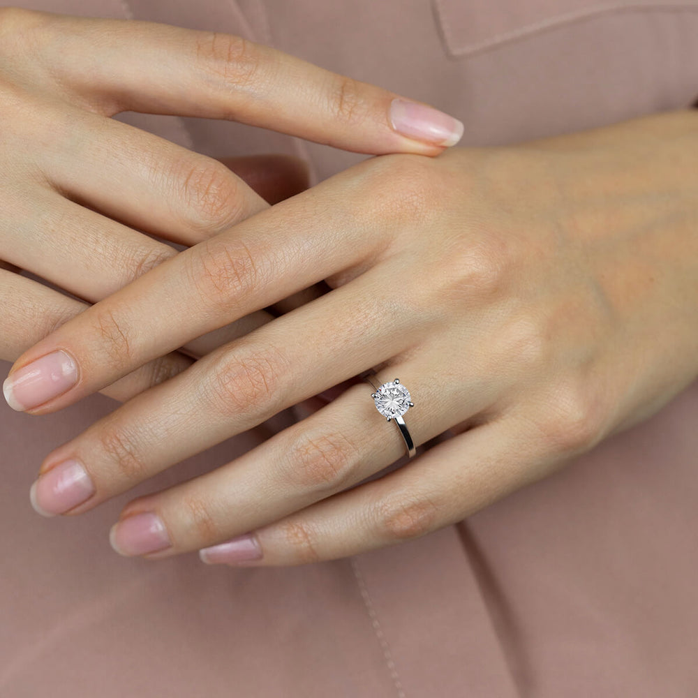 Model Wearing Fine Petite Solitaire Diamond Engagement Ring with Lab Grown Diamond view