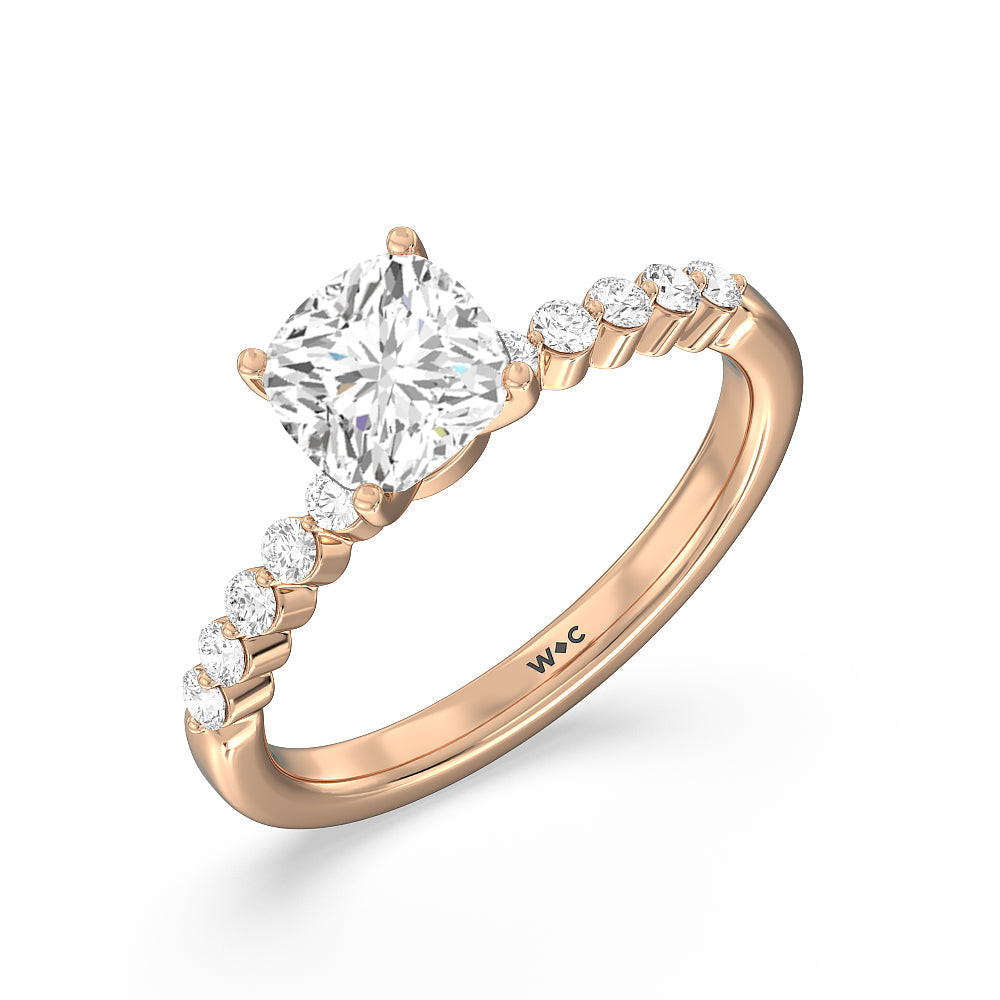 Under Bezeled Accent Diamond Engagement Ring with Cushion Cut Diamond in 14KT Rose Gold view 3
