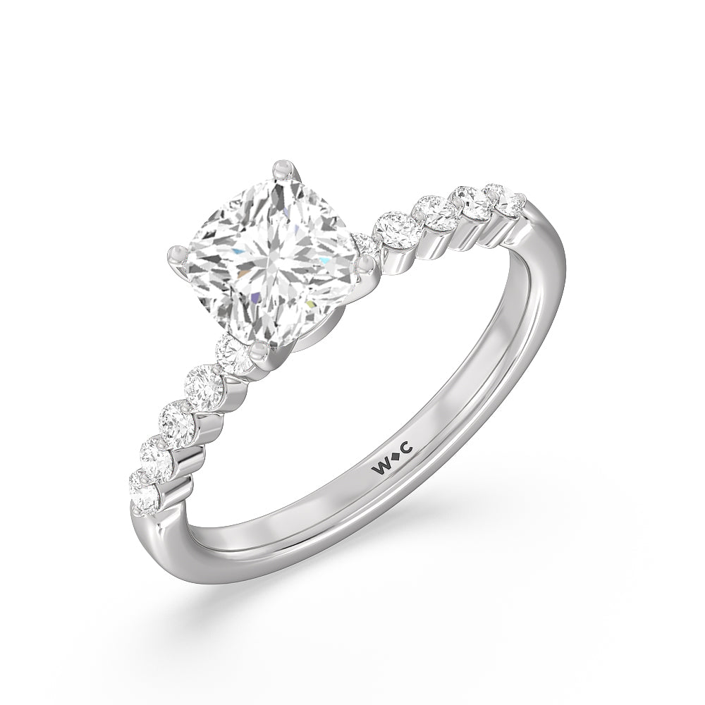 Under Bezeled Accent Diamond Engagement Ring with Cushion Cut Diamond in 14KT Platinum view 3
