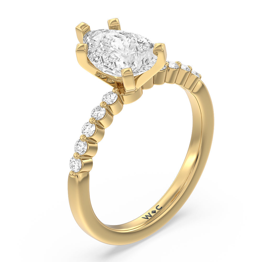 Under Bezeled Accent Diamond Engagement Ring with Pear Cut Diamond in 14KT Yellow Gold view 3
