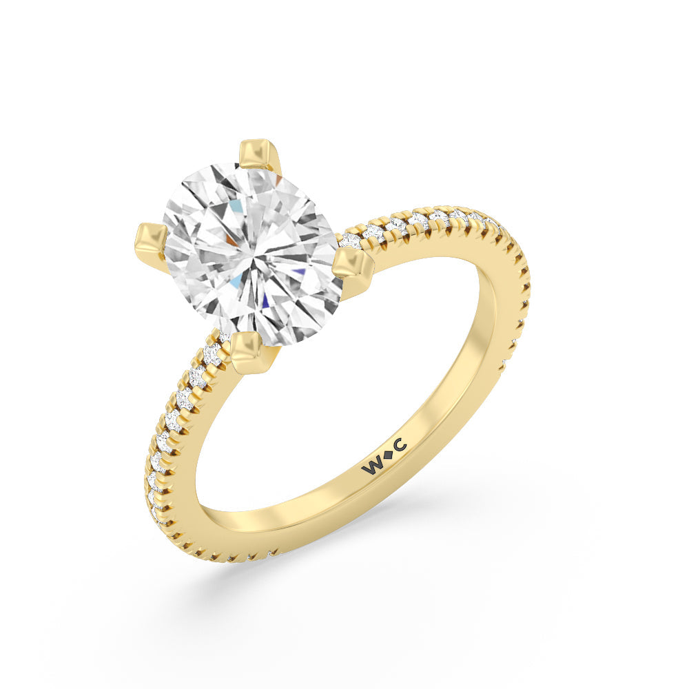 Petite French Set Diamond Engagement Ring with Oval Cut Diamond in 14KT Yellow Gold view 3
