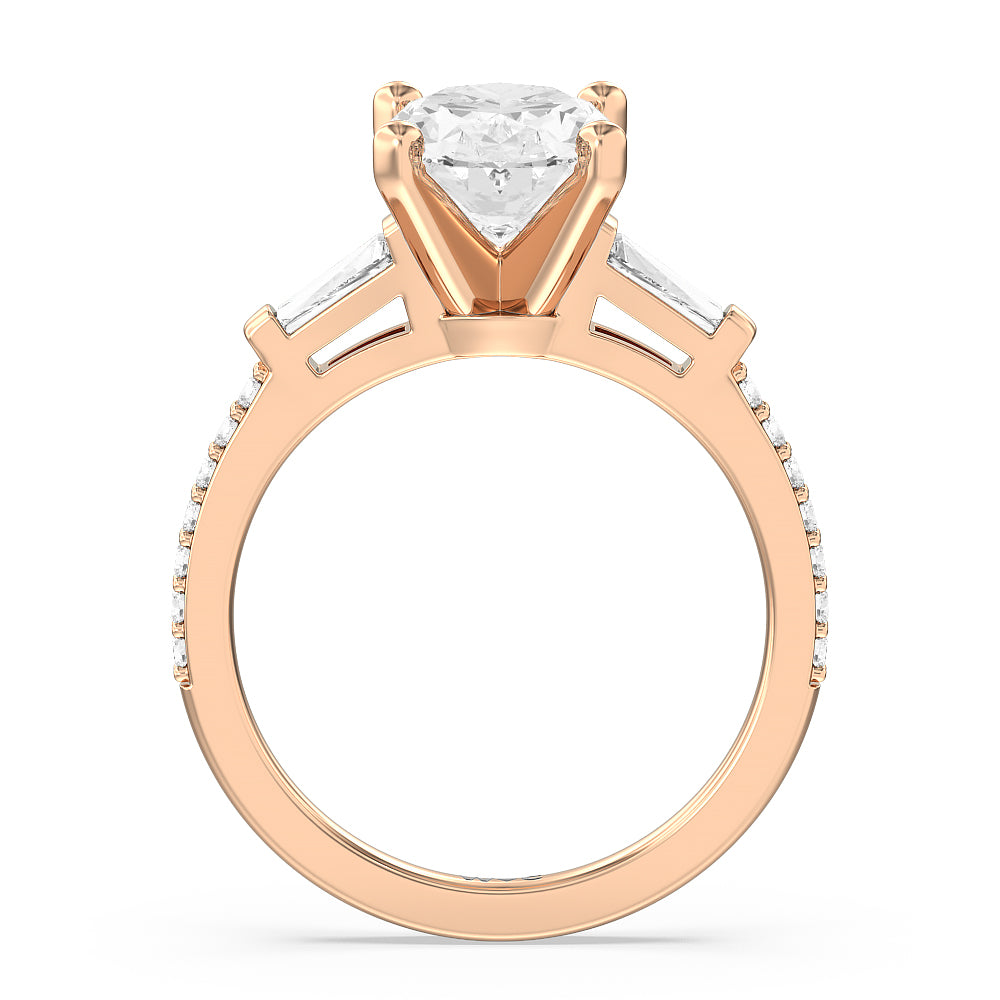 Three Stone Tapered Baguette Diamond Engagement Ring with Oval Cut Diamond in 14KT Rose Gold view 2
