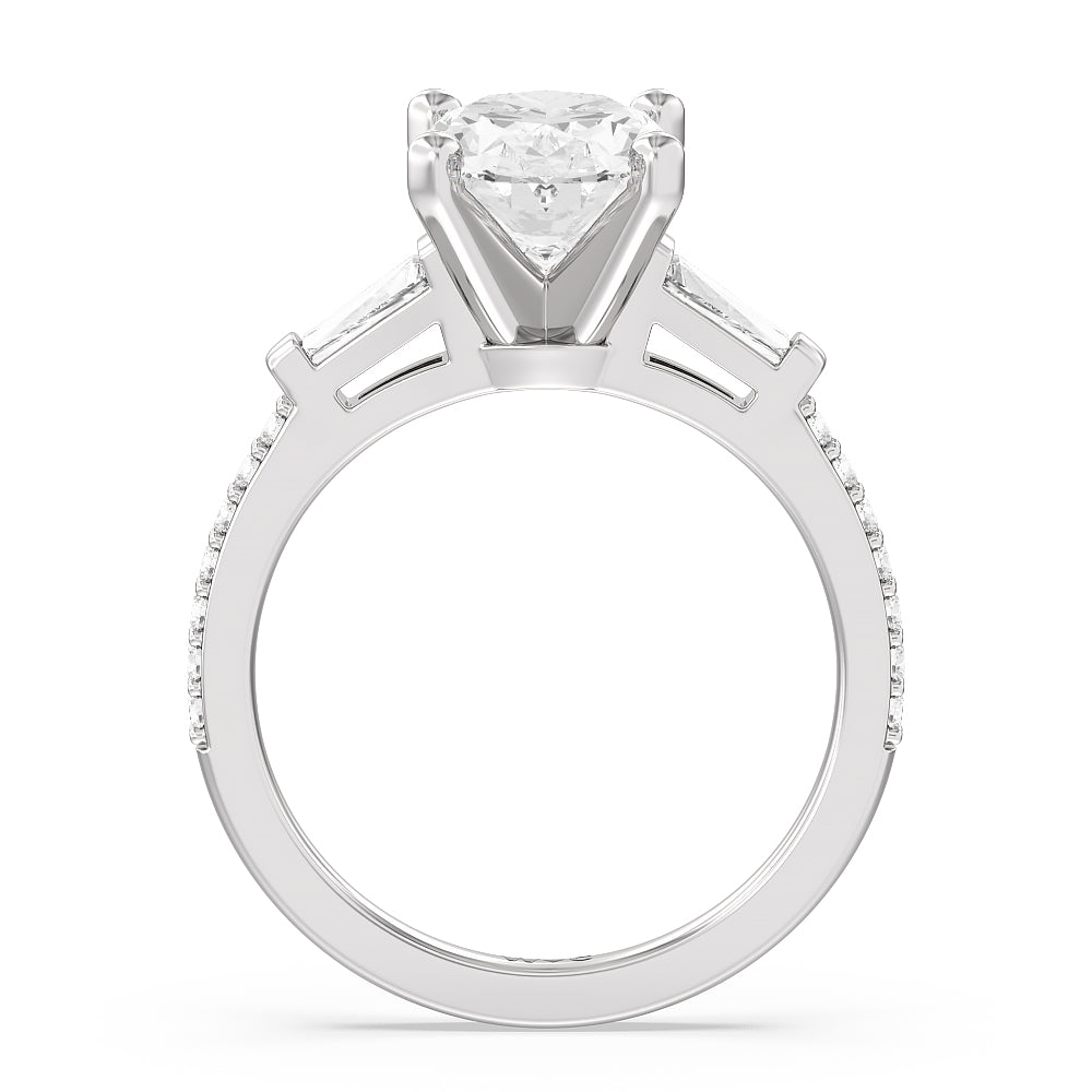 Three Stone Tapered Baguette Diamond Engagement Ring with Oval Cut Diamond in 14KT Platinum view 2
