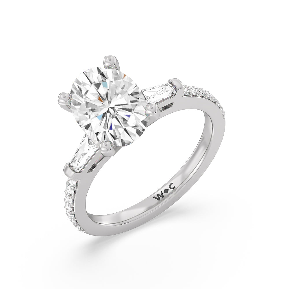 Three Stone Tapered Baguette Diamond Engagement Ring with Oval Cut Diamond in 14KT Platinum view 3
