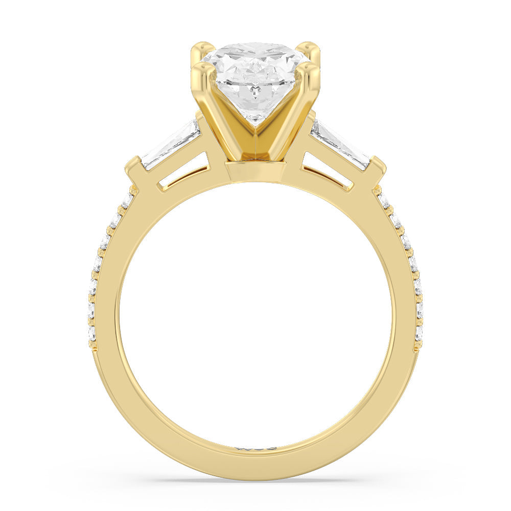 Three Stone Tapered Baguette Diamond Engagement Ring with Oval Cut Diamond in 14KT Yellow Gold view 2
