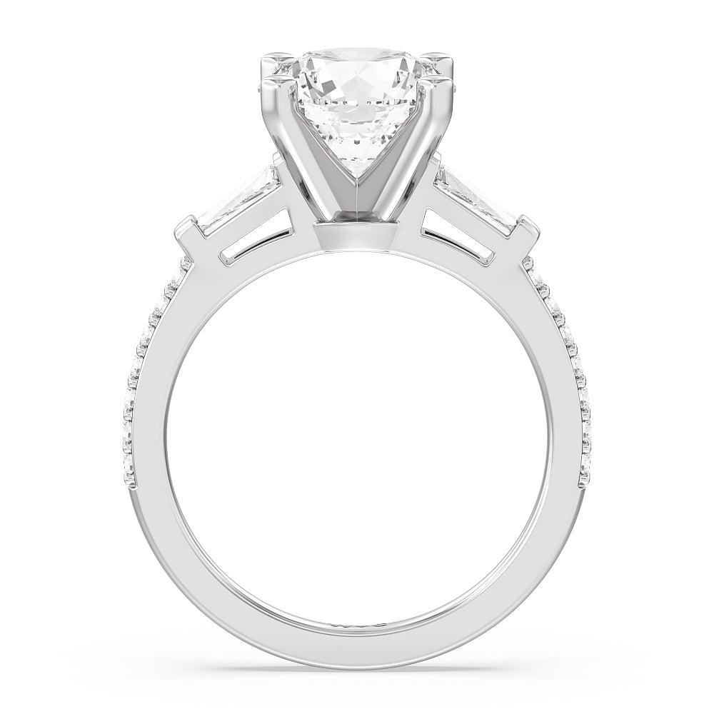 Three Stone Tapered Baguette Diamond Engagement Ring with Round Cut Diamond in 14KT Platinum view 2
