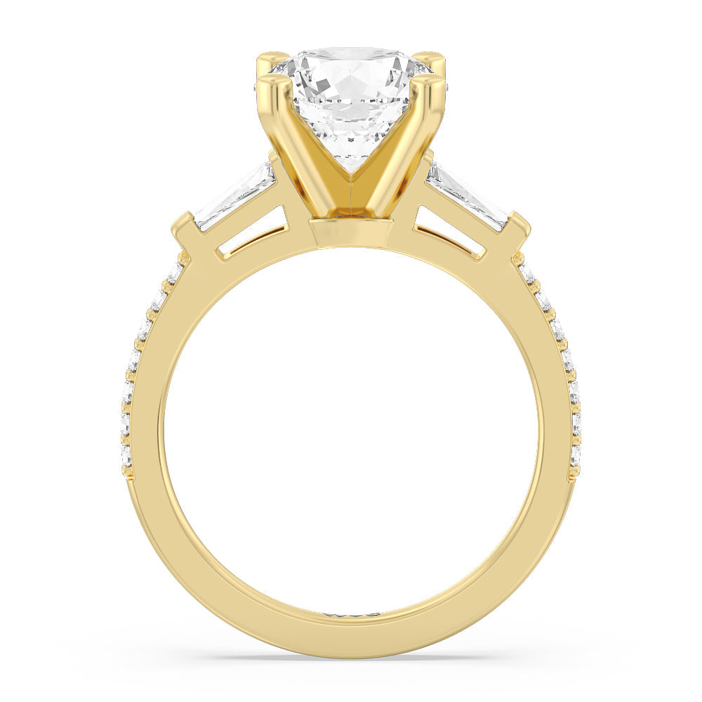 Three Stone Tapered Baguette Diamond Engagement Ring with Round Cut Diamond in 14KT Yellow Gold view 2
