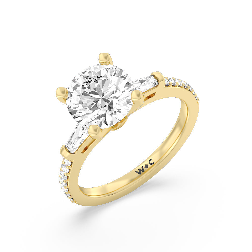 Three Stone Tapered Baguette Diamond Engagement Ring with Round Cut Diamond in 14KT Yellow Gold view 3
