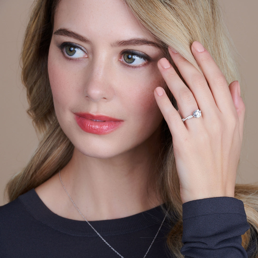 Model Wearing Twisted Vine Hidden Halo Engagement Ring view