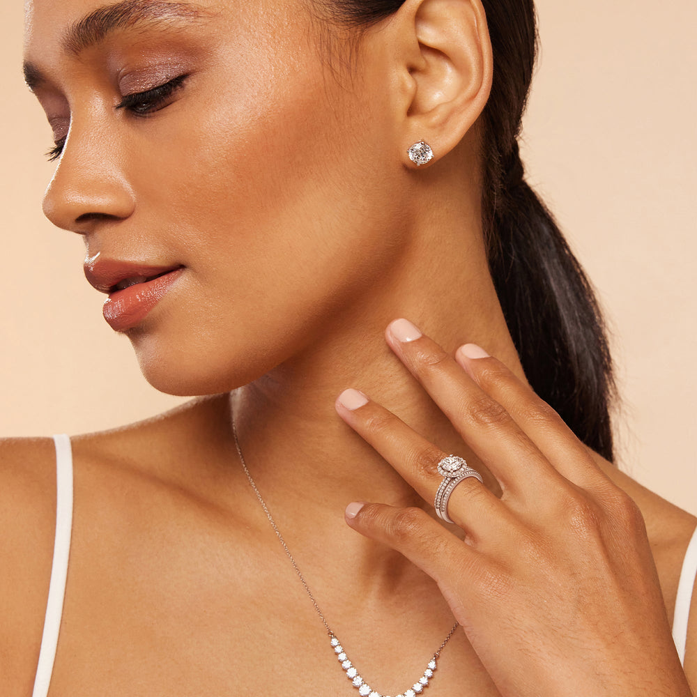 Model Wearing Pave Knife Edge Diamond Wedding Band view