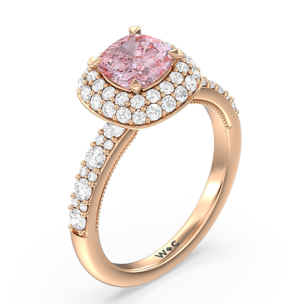 Cushion Cut Fancy Pink Falling Edge Halo Engagement Ring with Lab Grown Diamond in 14KT Rose Gold view 3

