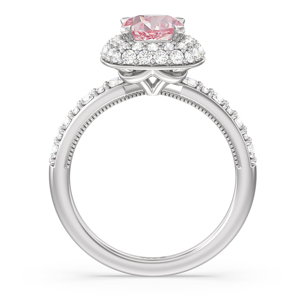 Cushion Cut Fancy Pink Falling Edge Halo Engagement Ring with Lab Grown Diamond in 14KT White Gold view 2
