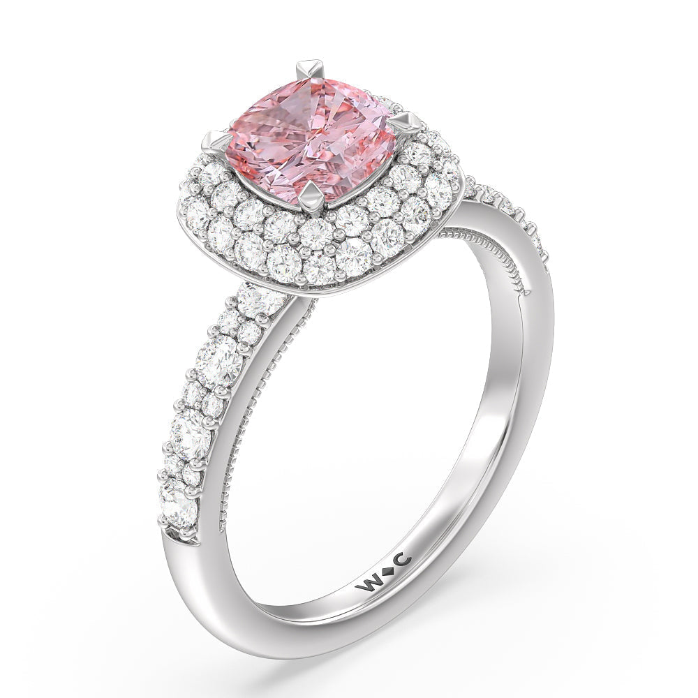 Cushion Cut Fancy Pink Falling Edge Halo Engagement Ring with Lab Grown Diamond in 14KT White Gold view 3

