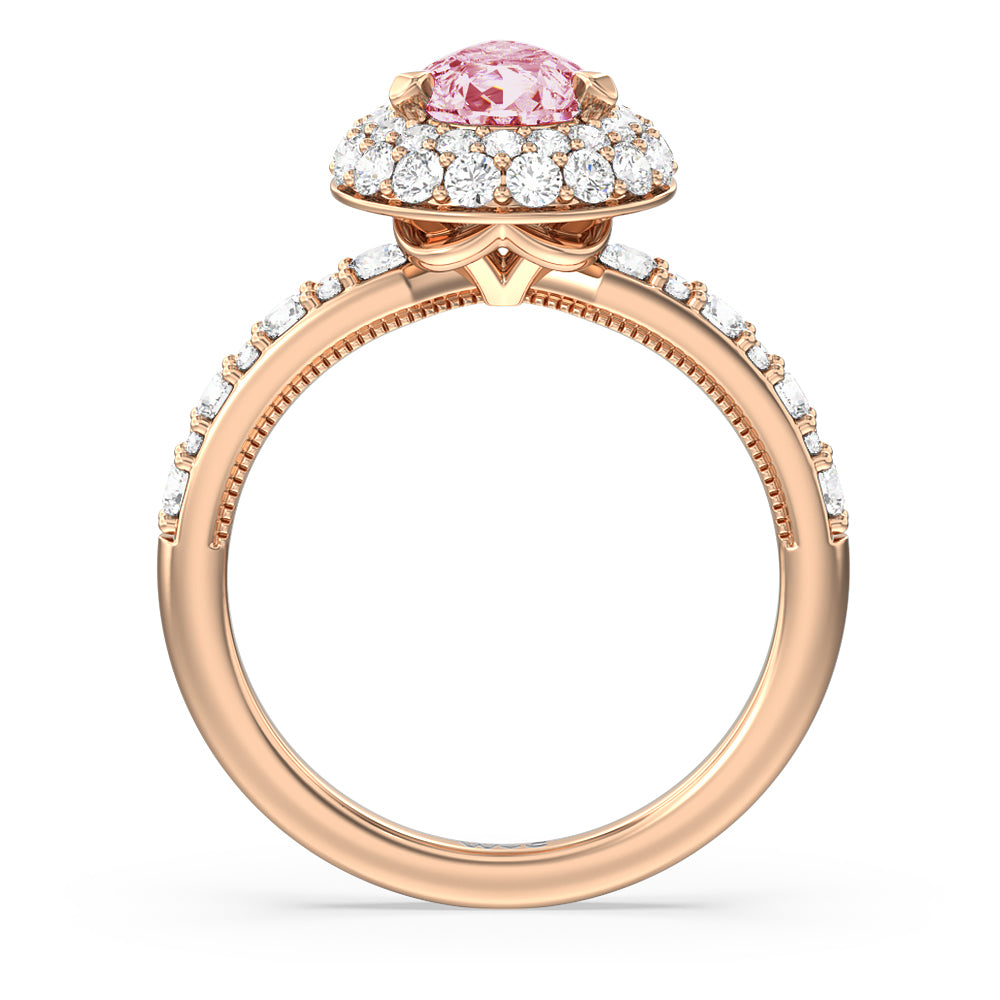 Pear Cut Fancy Pink Falling Edge Halo Engagement Ring with Lab Grown Diamond in 14KT Rose Gold view 2
