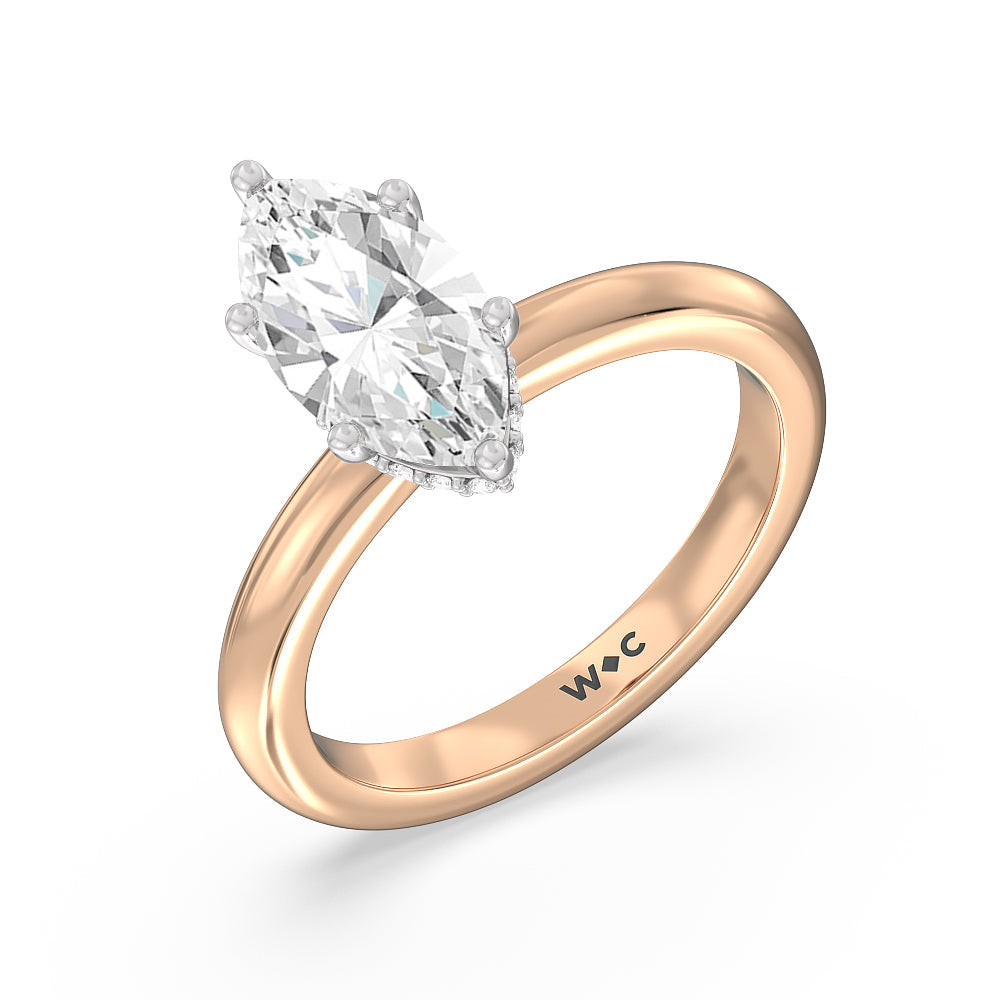 Petite Modern Fine Line Hidden Halo Engagement Ring with Marquise Cut Diamond in 14KT White & Rose Gold view 3
