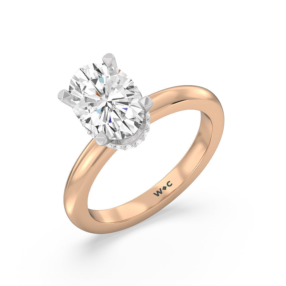 Petite Modern Fine Line Hidden Halo Engagement Ring with Oval Cut Diamond in 14KT White & Rose Gold view 3
