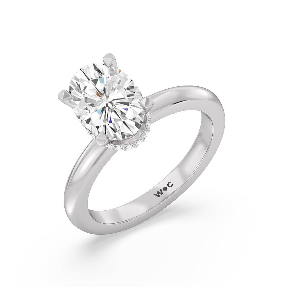 Petite Modern Fine Line Hidden Halo Engagement Ring with Oval Cut Diamond in 14KT Platinum view 3

