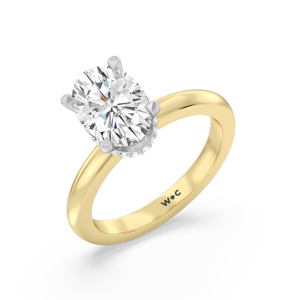 Petite Modern Fine Line Hidden Halo Engagement Ring with Oval Cut Diamond in 14KT White & Yellow Gold view 3
