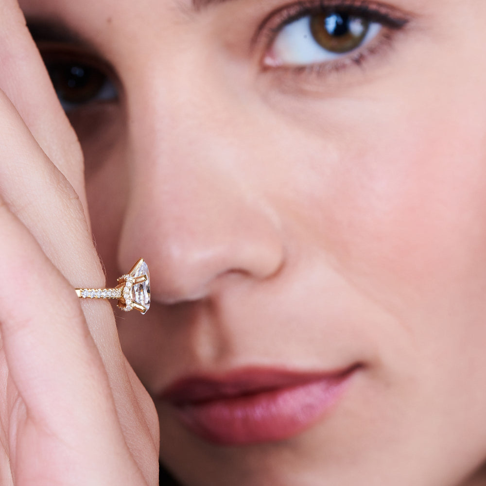 Model Wearing Arc Hidden Halo Engagement Ring view