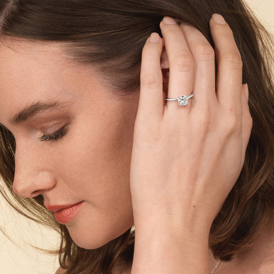 Model Wearing Tulip Basket Cathedral Classic Solitaire Engagement Ring with Lab Grown Diamond view