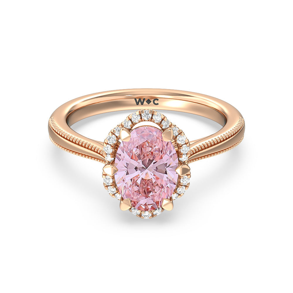 Oval Cut Fancy Pink Floral Halo Cathedral Engagement Ring with Lab Grown Diamond in 14KT Rose Gold view 1
