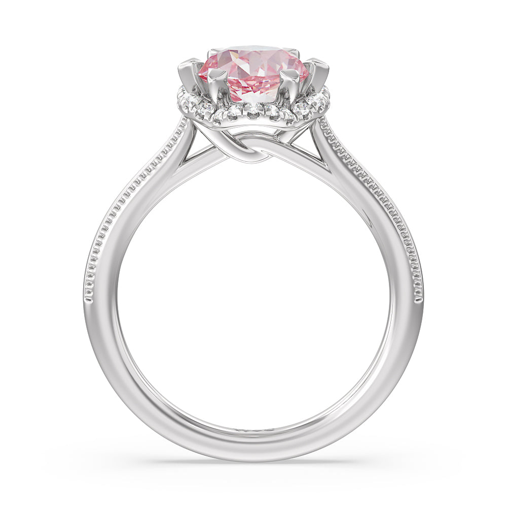 Oval Cut Fancy Pink Floral Halo Cathedral Engagement Ring with Lab Grown Diamond in 14KT White Gold view 3
