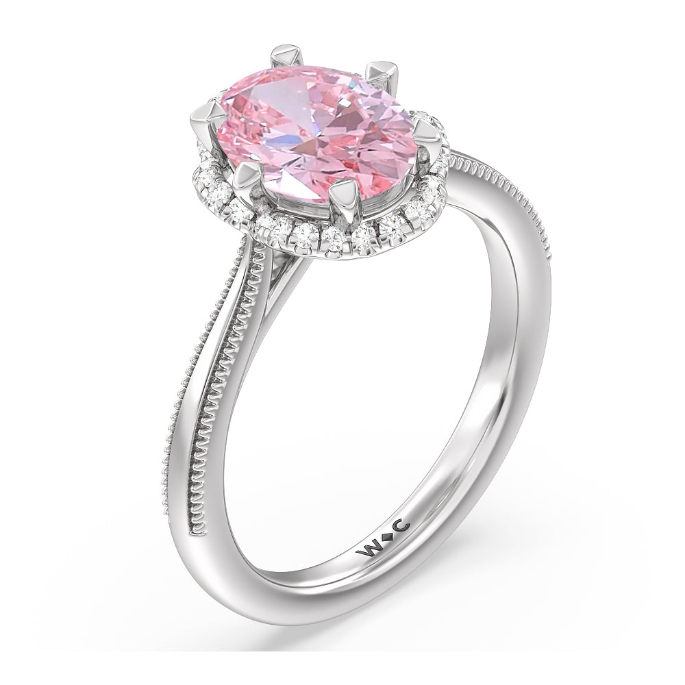 Oval Cut Fancy Pink Floral Halo Cathedral Engagement Ring with Lab Grown Diamond in 14KT White Gold view 2
