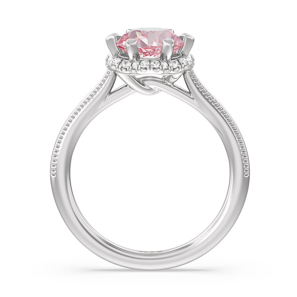Round Cut Fancy Pink Floral Halo Cathedral Engagement Ring with Lab Grown Diamond in 14KT White Gold view 2
