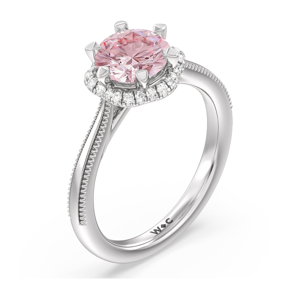 Round Cut Fancy Pink Floral Halo Cathedral Engagement Ring with Lab Grown Diamond in 14KT White Gold view 3
