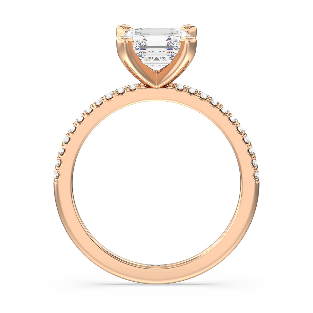 Vela Traditional Pave Diamond Engagement Ring with Asscher Cut Diamond in 14KT Rose Gold view 2
