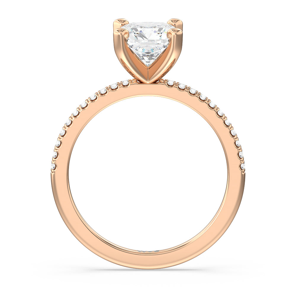 Vela Traditional Pave Diamond Engagement Ring with Cushion Cut Diamond in 14KT Rose Gold view 2
