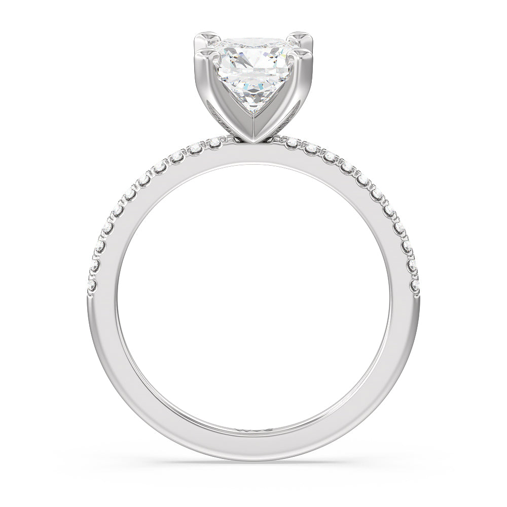 Vela Traditional Pave Diamond Engagement Ring with Cushion Cut Diamond in 14KT Platinum view 2
