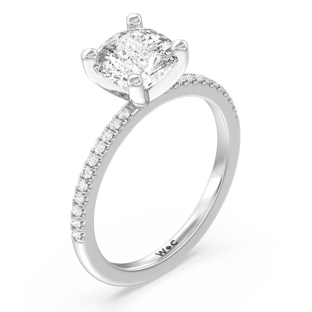 Vela Traditional Pave Diamond Engagement Ring with Cushion Cut Diamond in 14KT Platinum view 3
